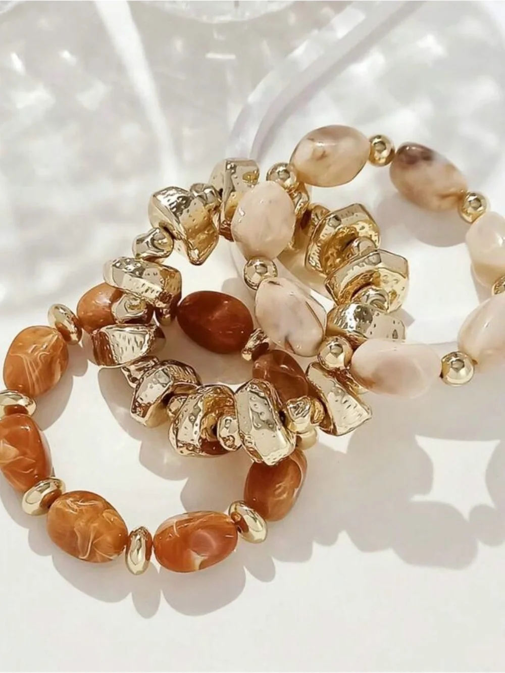 3pcs Gold and Cream Beaded Stretch Bracelet Set -good for mother day present